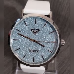 Vintage ROXY "The Royal" Watch, White Silicone Band & Silver Shimmer Dial